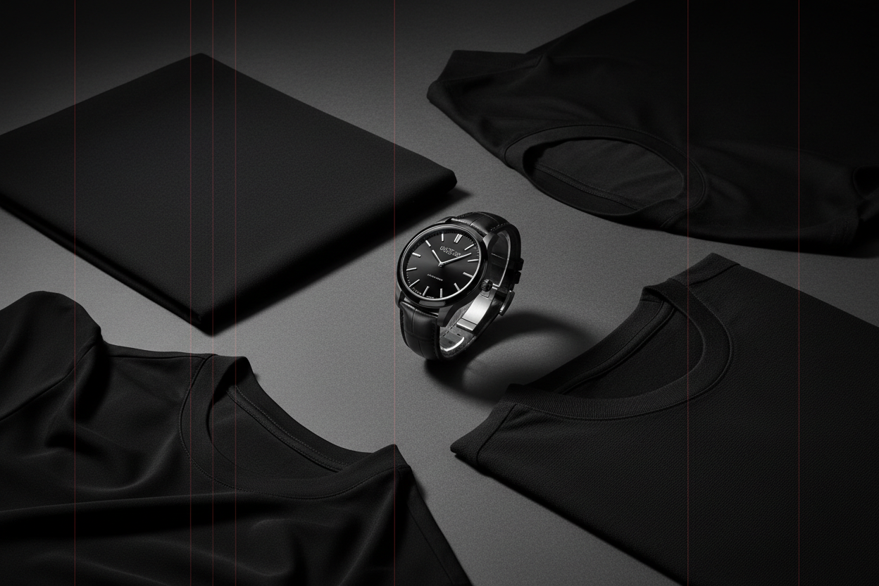 Black watch and T shirts with luxury with grey background and red faint strips 